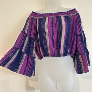 Hippie Bohemian Festival Blouse Sz XL Off Shoulder Flare Sleeve Cropped Wonderly
